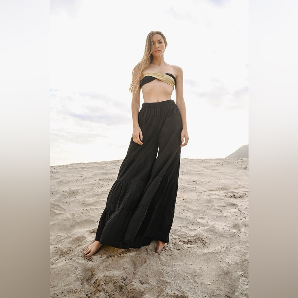 Molly Bracken Le Bain Black Wide Leg Tiered Beach Pants Boho Flowy M